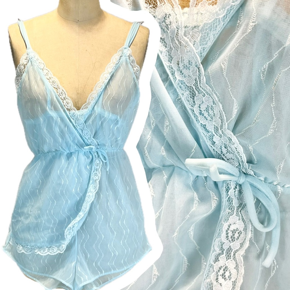 VINTAGE 80s lace sheer negligee nighty romper one piece‎ shorts lingerie blue